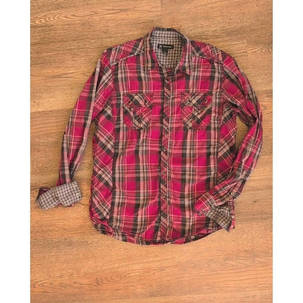 INC Shirt Fit XS Tag Med Red Plaid Black Pearl Western Snap Flip Cuff Vtg Y2k